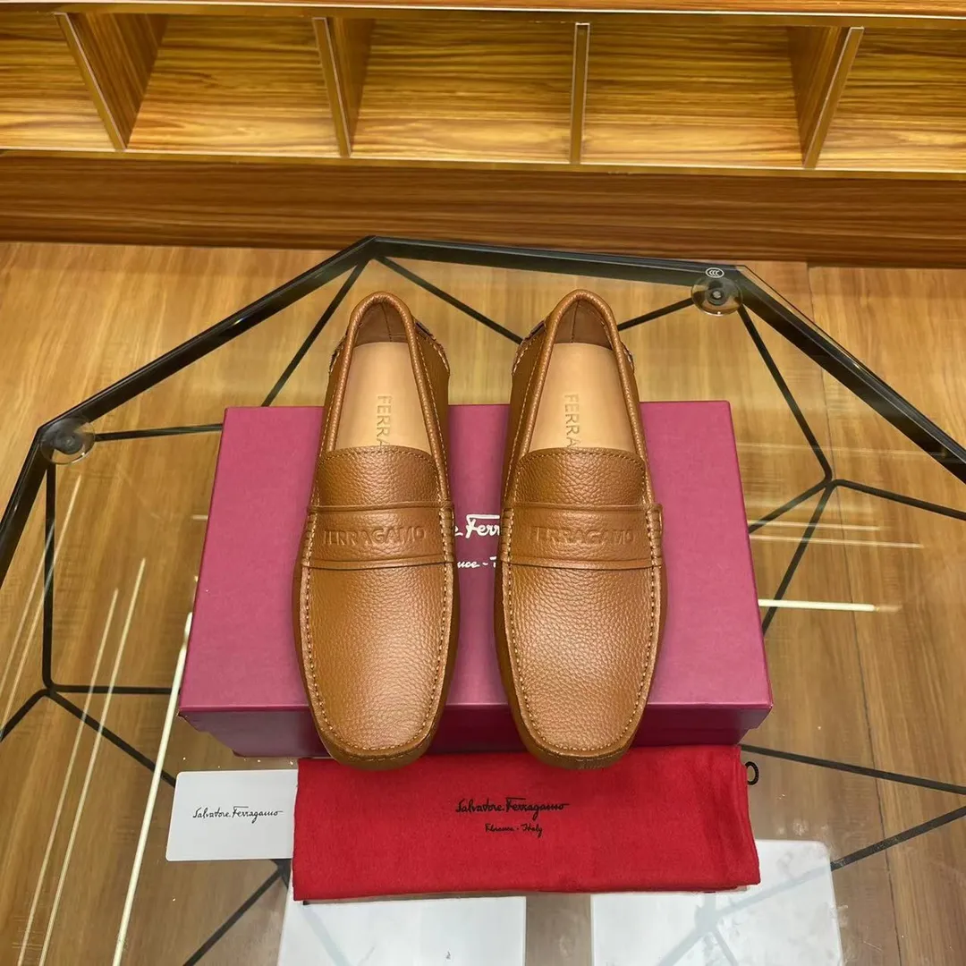 Men's shoes 💰560Ferragamo high-end quality 🔥 light brown pebbled grain ➕ cowhide lining size 38-45